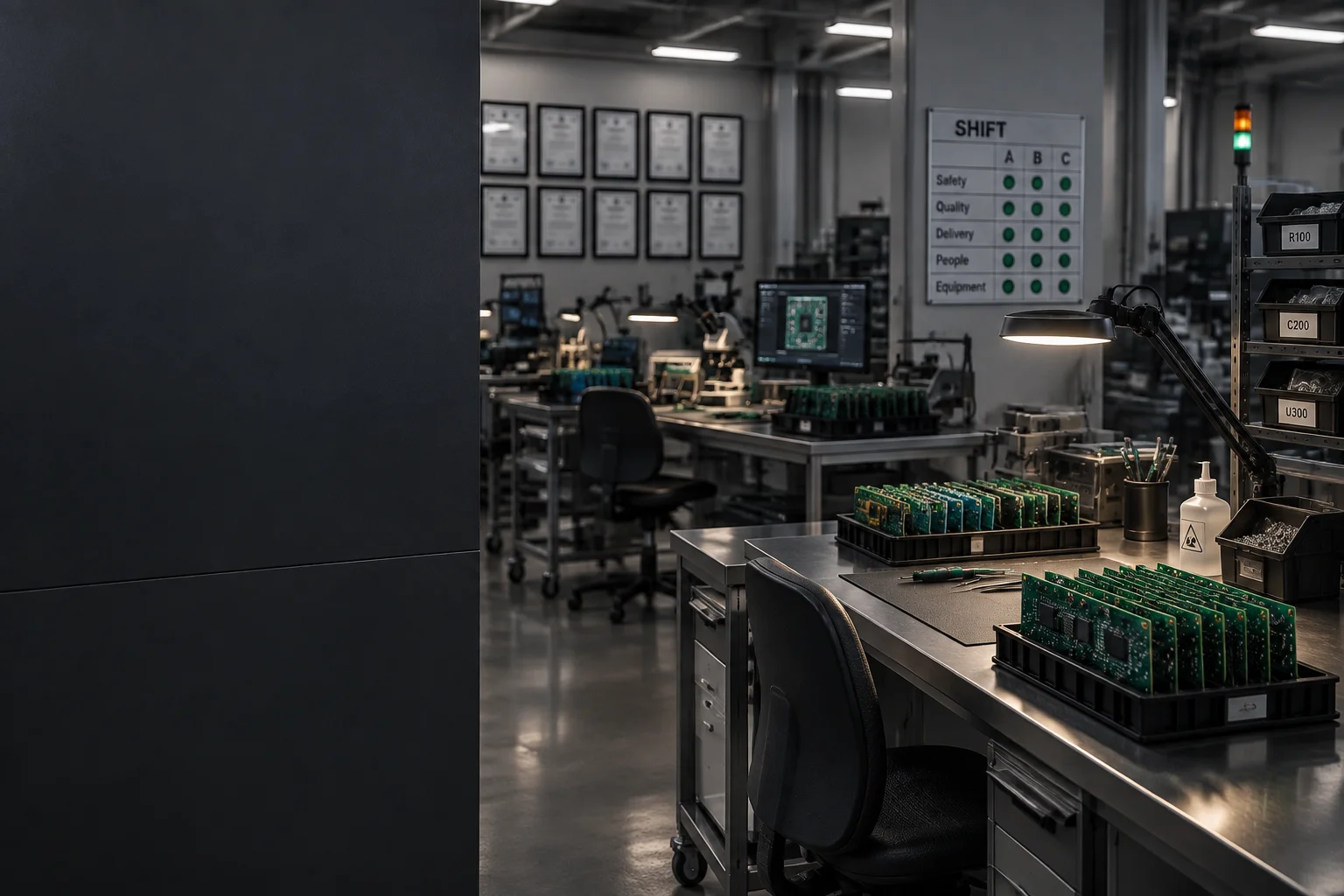 Production hall of a contract electronics manufacturer at shift change, with assembly lines lit and boards moving on conveyors