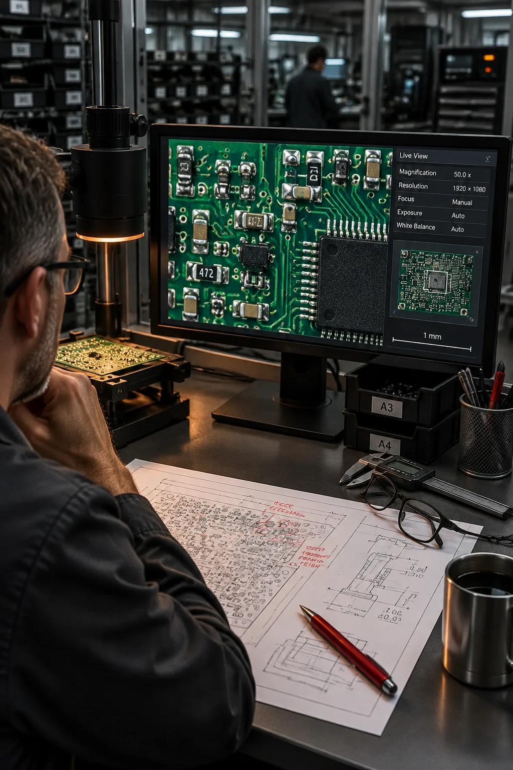 Programme engineer and line operator reviewing a first-article board and its inspection record at the end of a production line