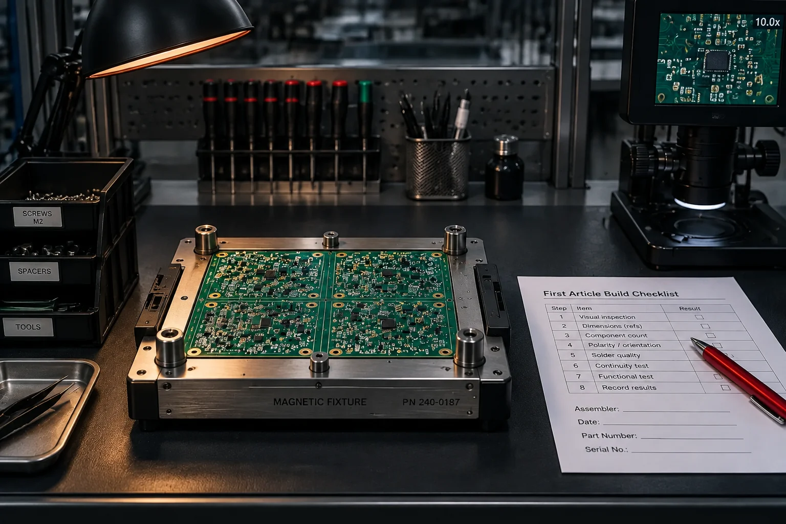 First-article inspection of a newly introduced assembly, with the build package and a partially populated panel on the bench