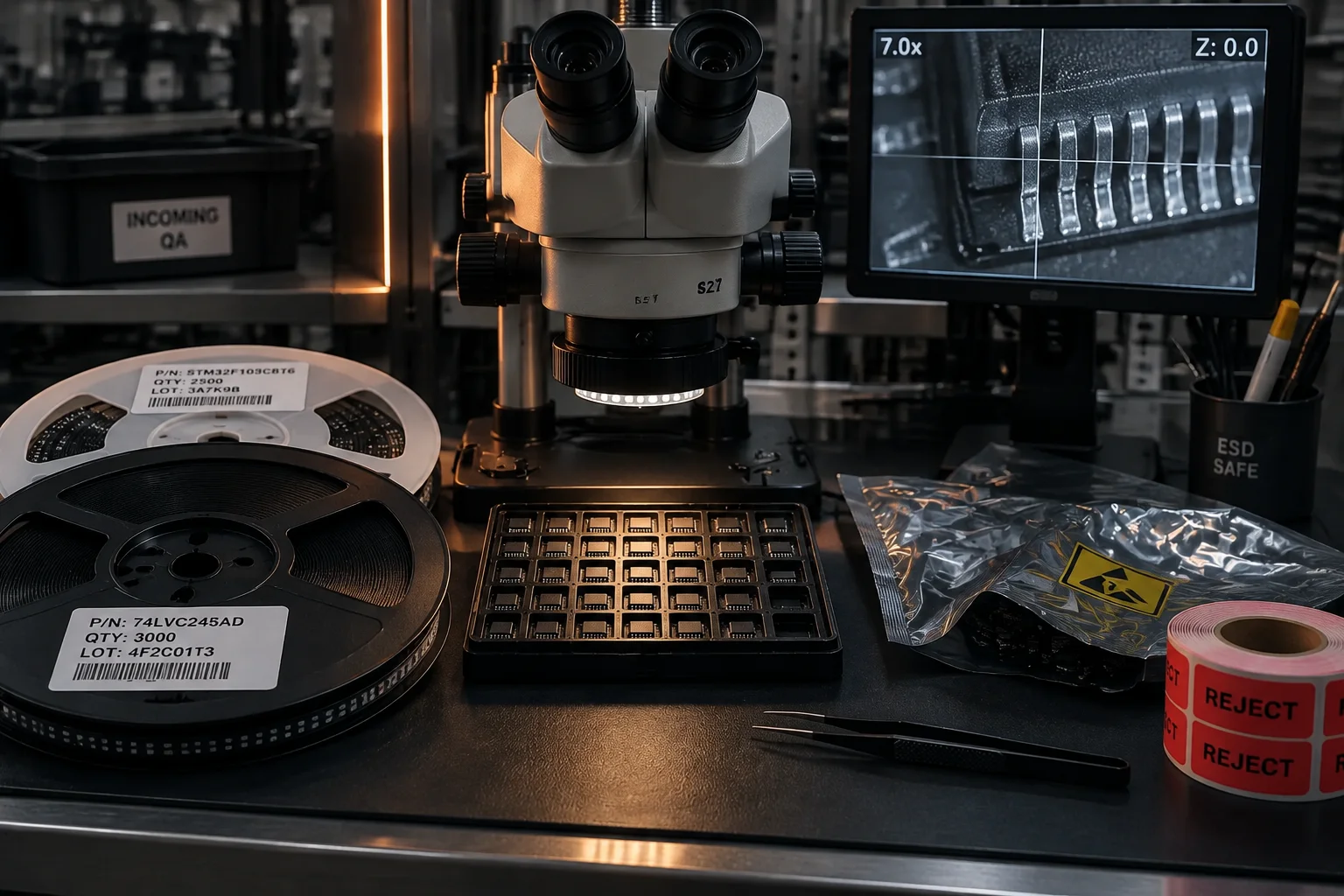 Component reels and loose parts under magnification on a sourcing bench, with date codes and labels being verified against a purchase record