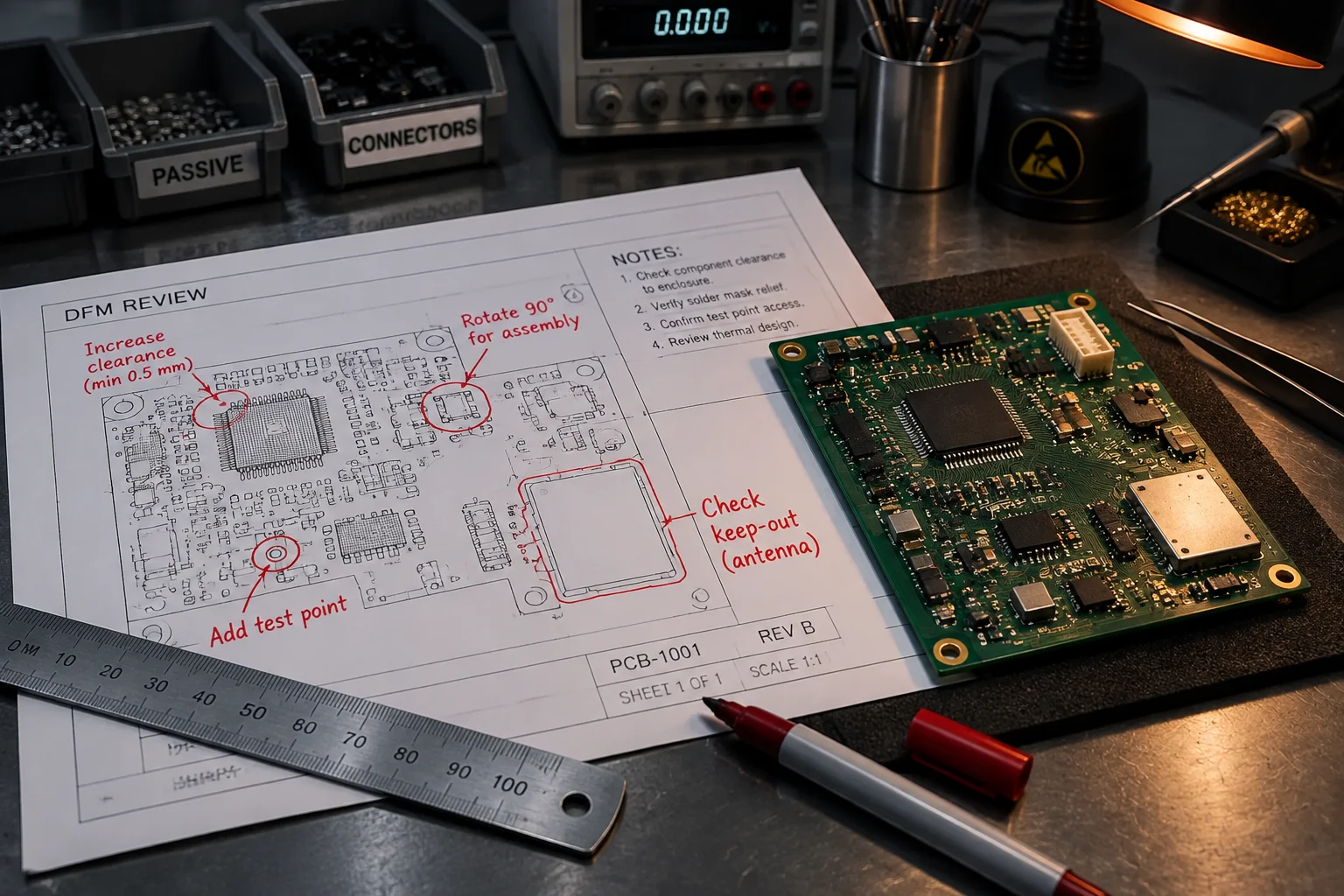 Close view of a first-article circuit board under inspection lighting, with fine-pitch pads and a magnified inspection image of a solder joint beside it.