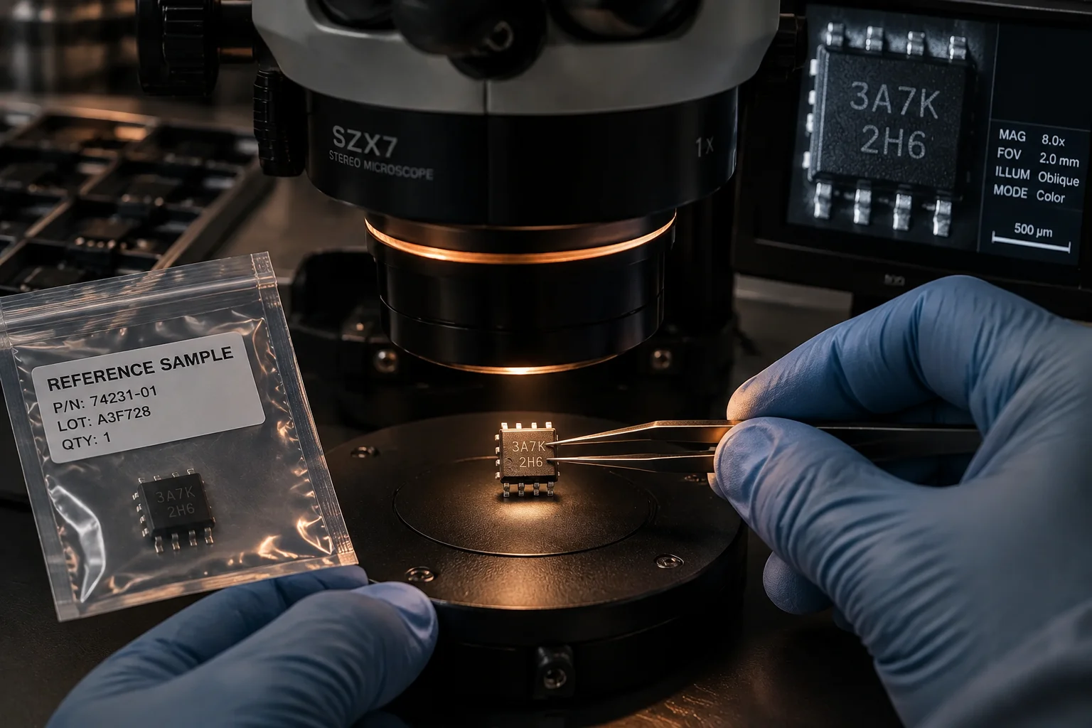 A component reel on a bench beside an X-ray fluorescence analyser and a moisture-barrier bag with a desiccant card, with a barcode label camera-ready.