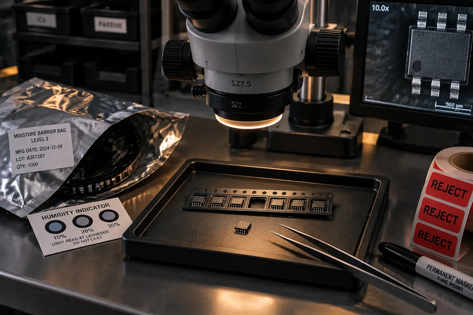 Reels of taped electronic components on a store shelf with barcode labels, an anti-static tote and a moisture-barrier bag on the bench in front.