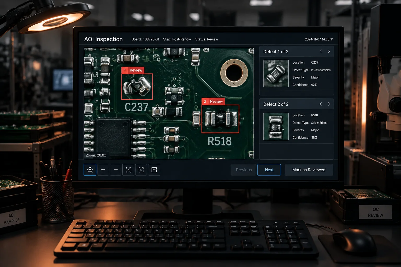 A circuit board panel under inspection with an AOI camera view and an X-ray transmission image of a ball grid array shown side by side.