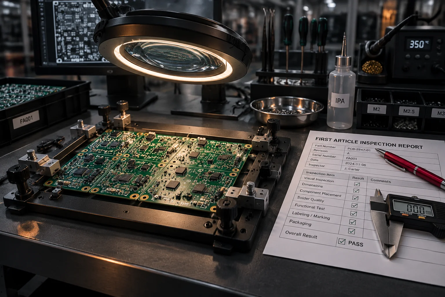 A populated circuit board in a fixture on an assembly bench, first article documentation and a stencil leaning against the bench beside it.