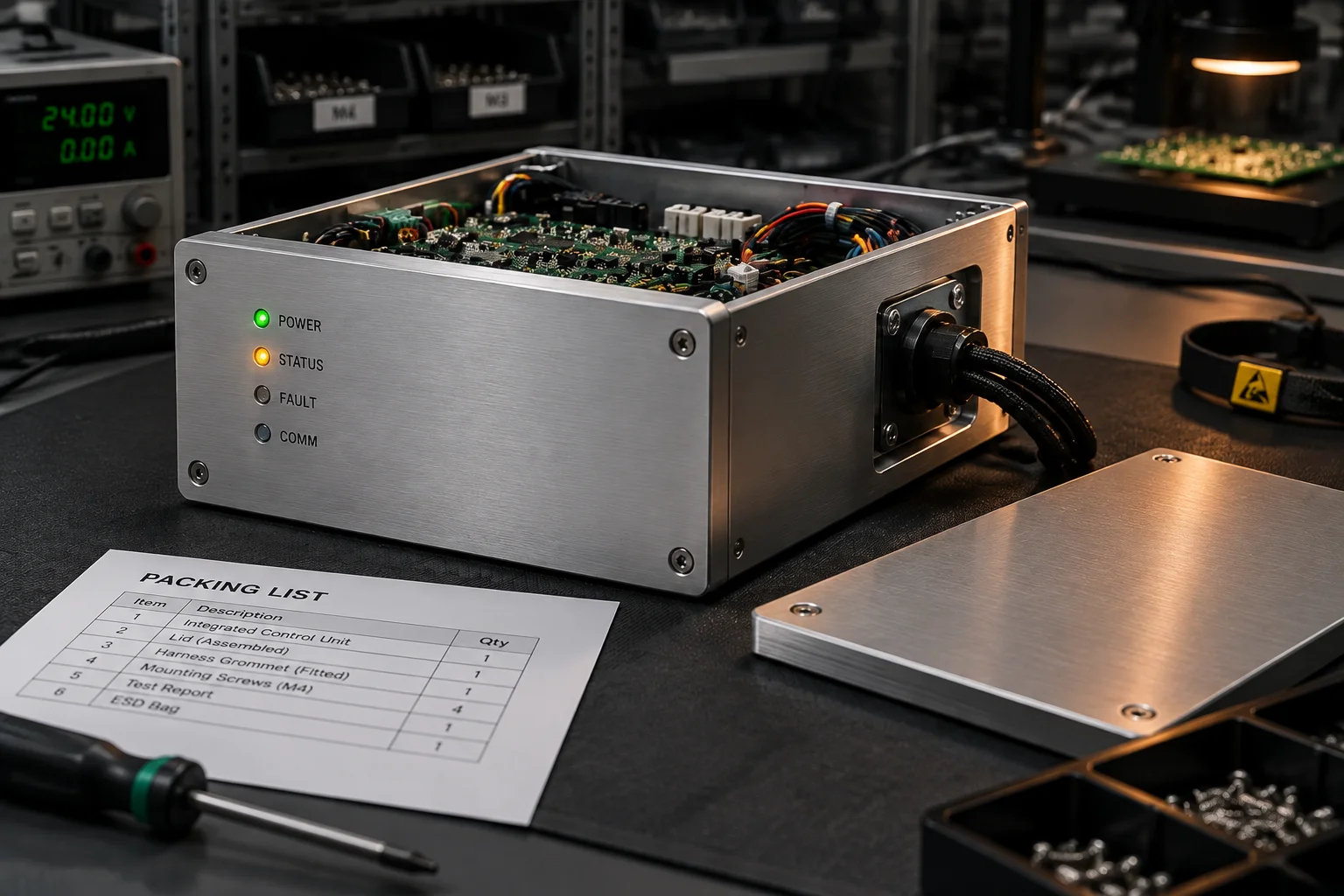 Finished instrument enclosure with connectors, serial label and a packed accessory kit laid out beside it