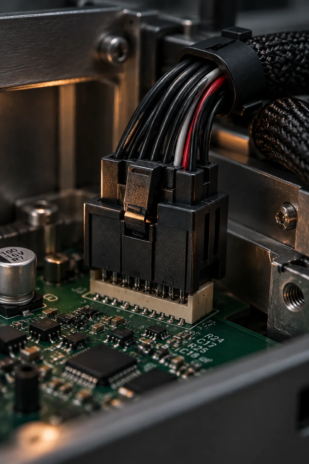 Vertical view of a technician routing a harness into an instrument enclosure on an assembly bench