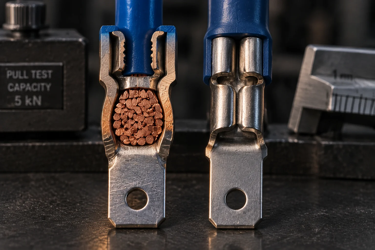 Macro cross-section of a crimped wire barrel showing compacted strands, a closed insulation support and the bell-mouth at the brush end