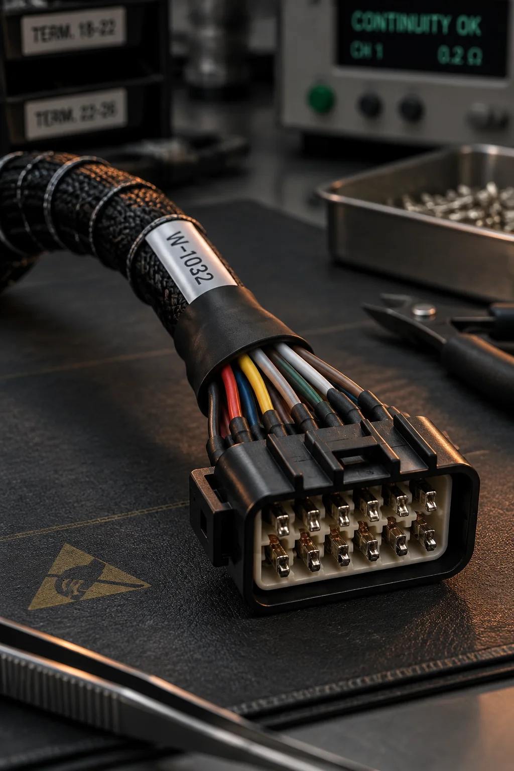 Vertical view of a harness routing board with wires pinned at the breakouts and crimp terminals staged along the branch