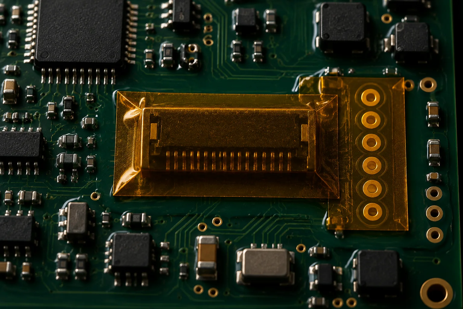 Circuit board under ultraviolet light with the conformal coating glowing across populated areas and the masked keep-out zones showing dark