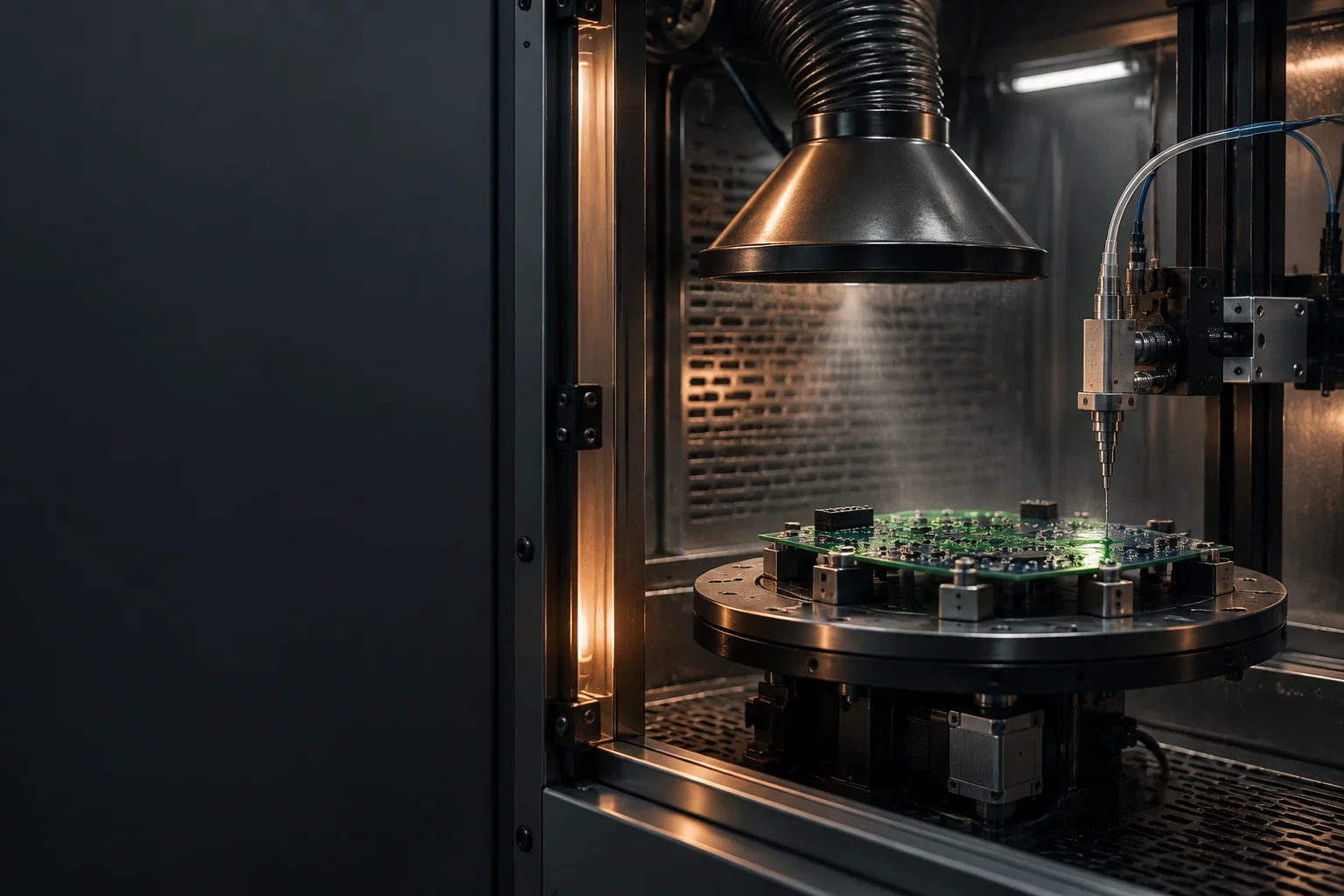 Coating spray booth with a masked circuit board on a turntable under extraction lighting