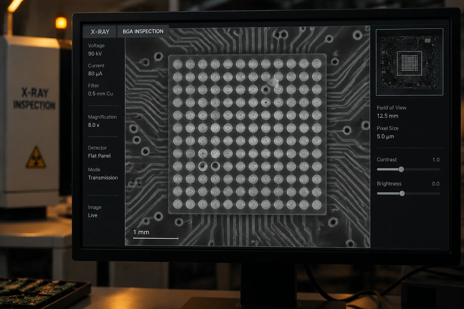 Grey-scale transmission X-ray image of a ball grid array showing voiding inside individual solder balls