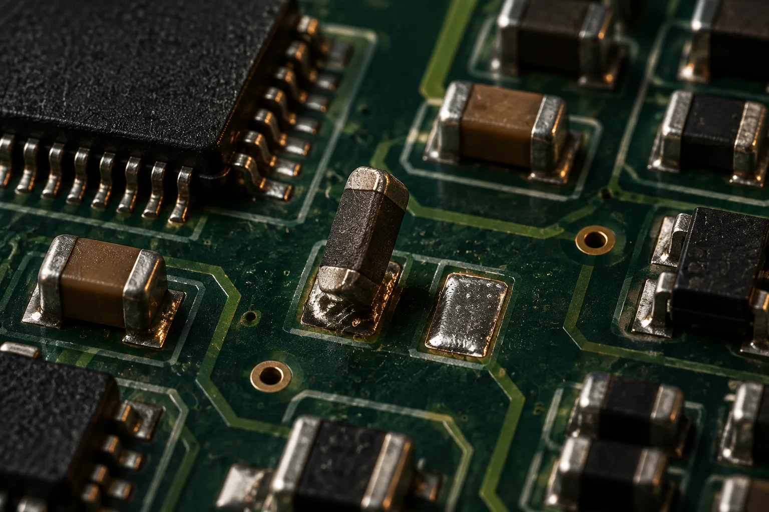 Macro view of a small passive component standing on one end with the opposite termination lifted clear of its pad