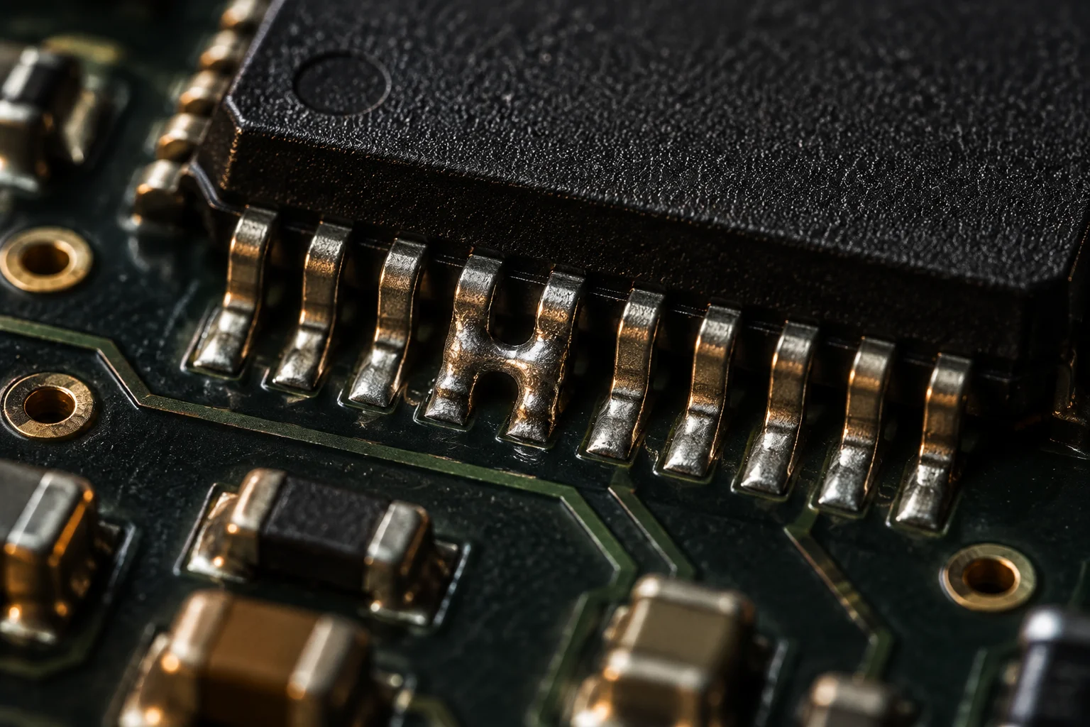 Macro view of a solder bridge joining two adjacent fine-pitch component leads