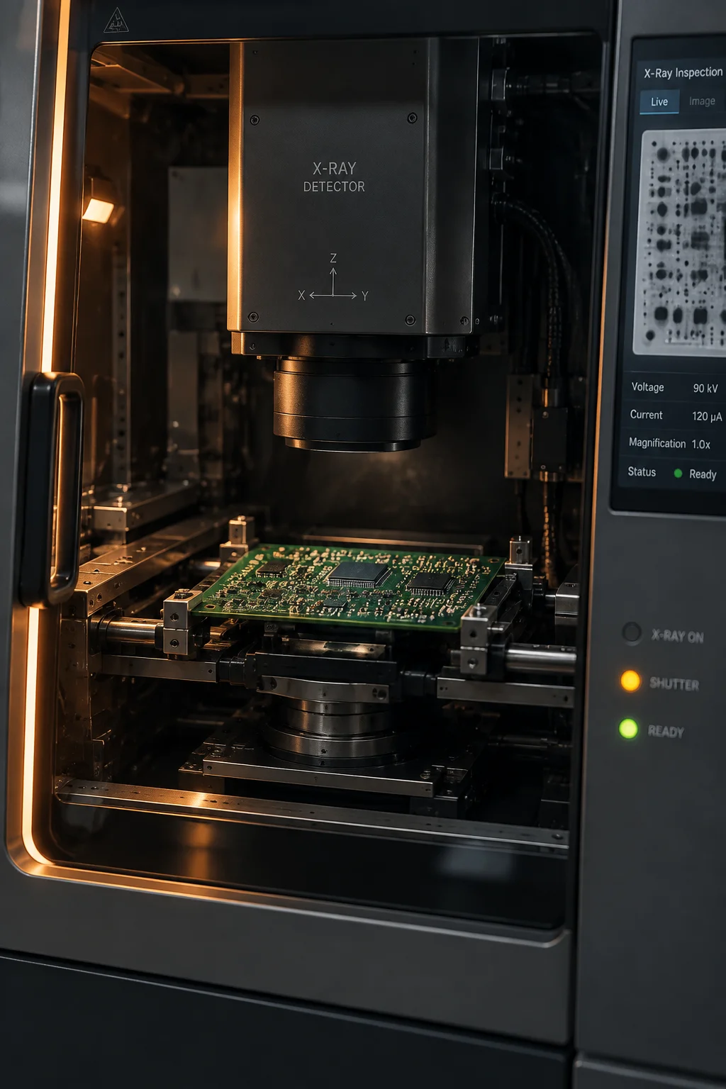 Vertical X-ray inspection system with a board stage, leaded viewing window and transmission image displayed on the operator screen