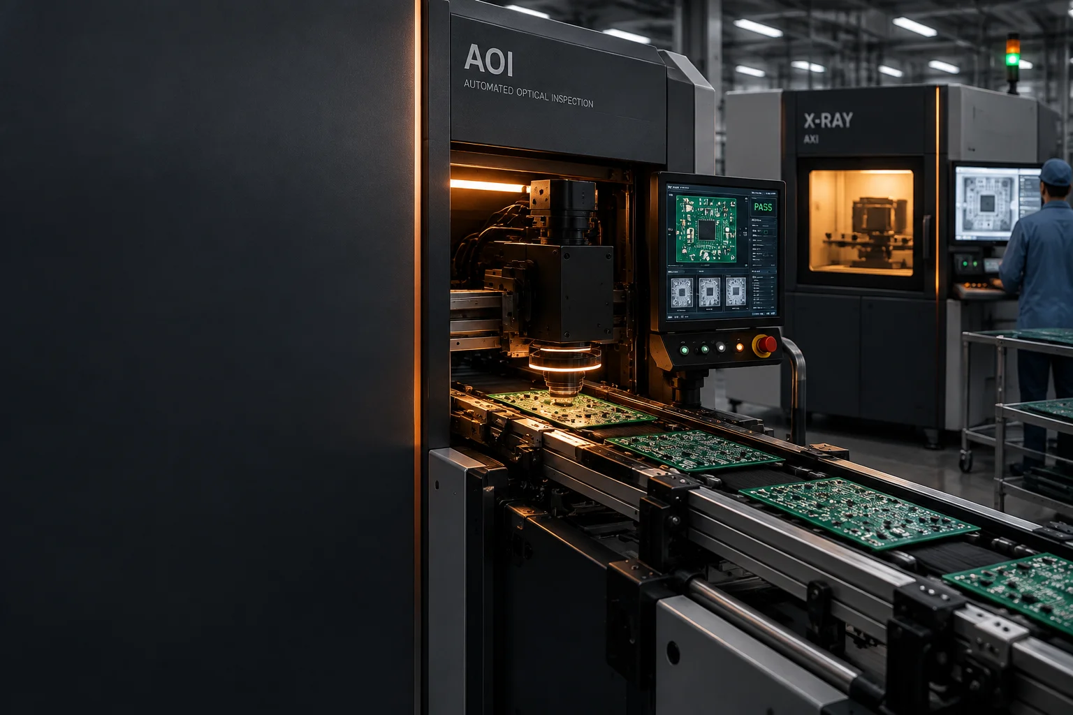 Optical inspection head scanning a populated board on a conveyor, with a transmission image of a ball grid array on the monitor beside it