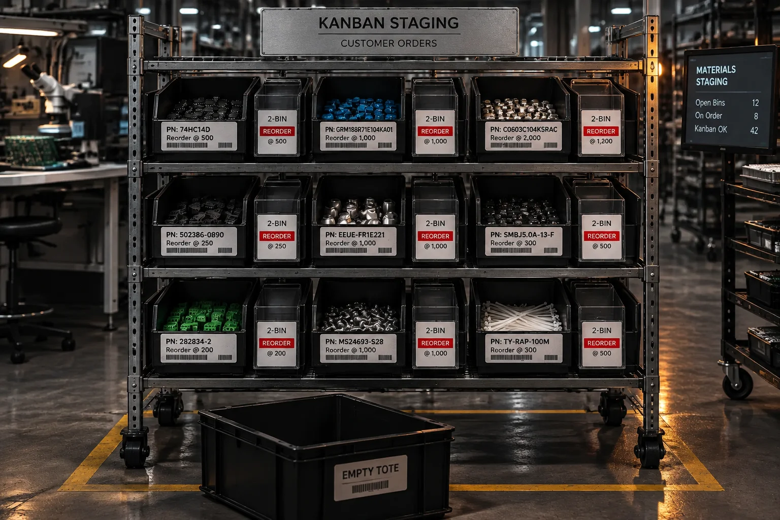 Labelled kanban bins on a shelf with one bin position empty and the card raised beside the remaining stock