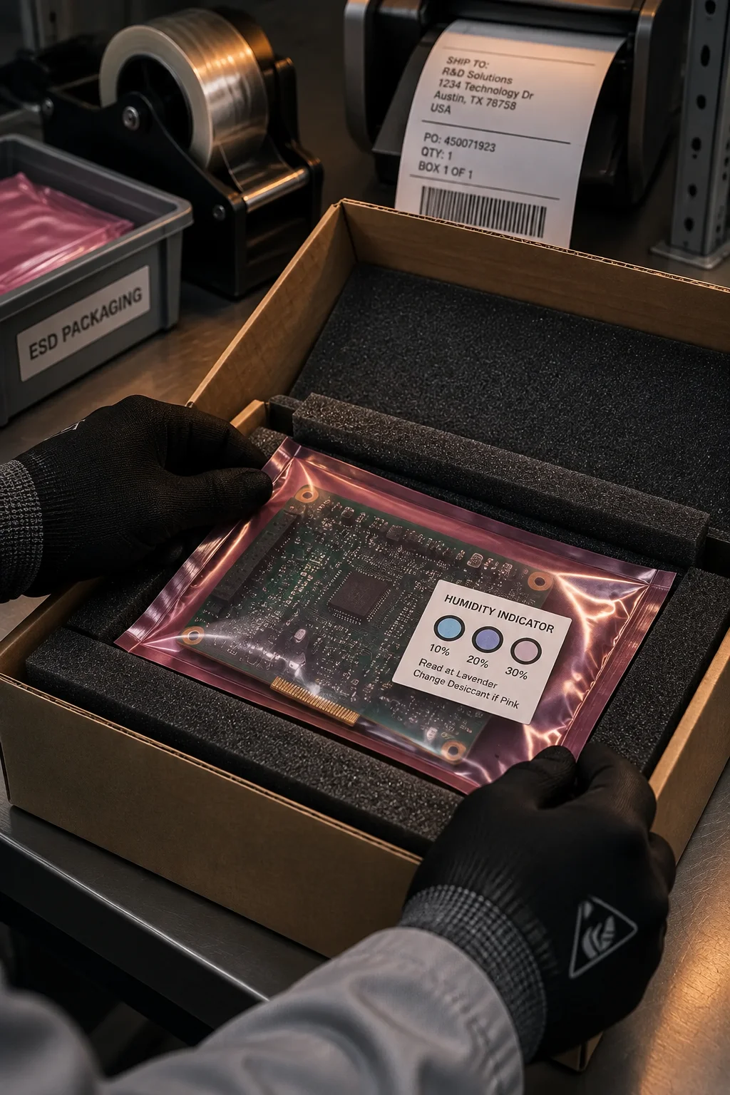 Despatch bench with labelled cartons, an ESD tote and a packing list being checked against a pallet label