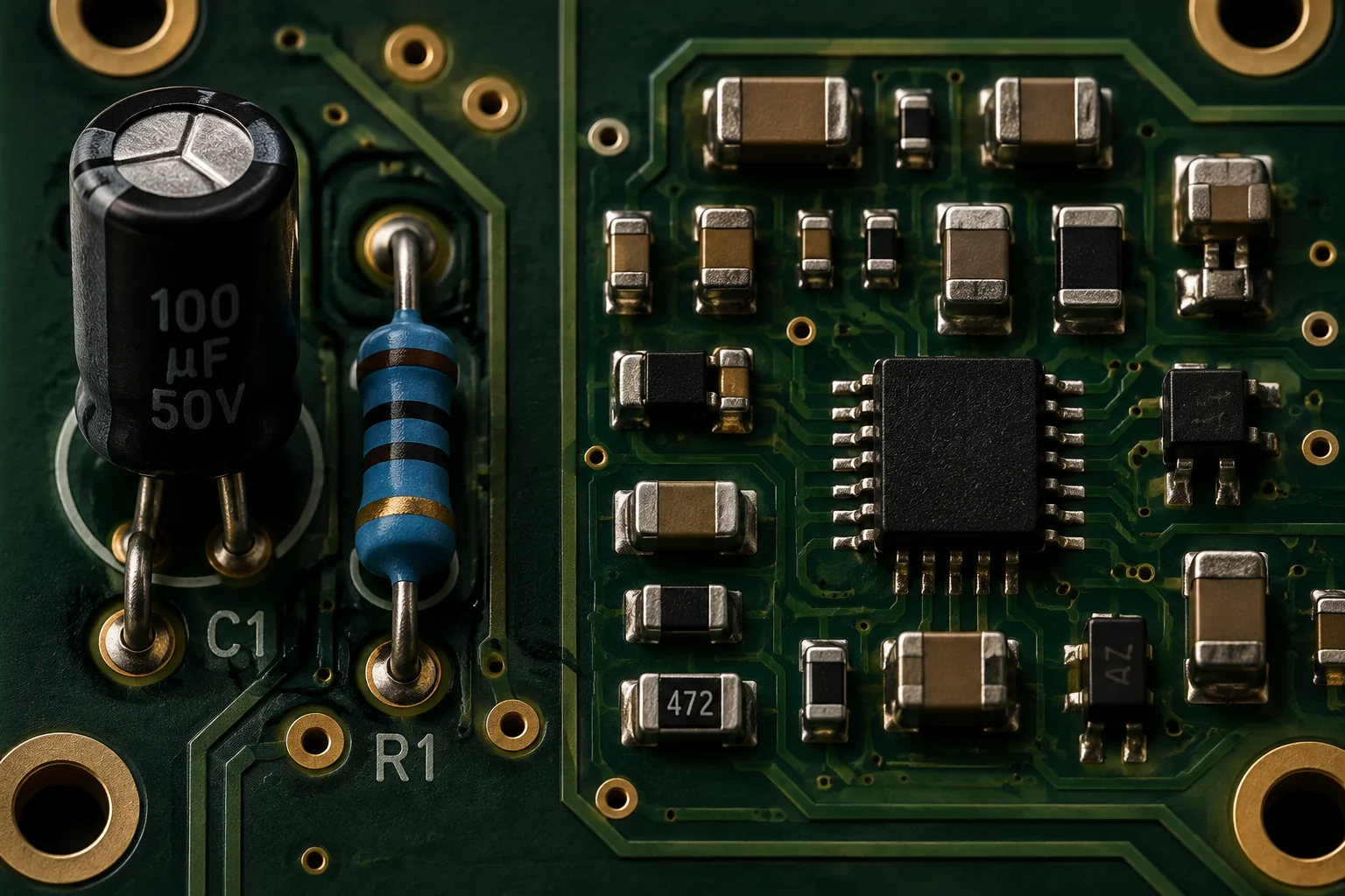 Finished mixed-technology assembly showing a reflowed logic section, a through-hole connector row and a press-fit power connector
