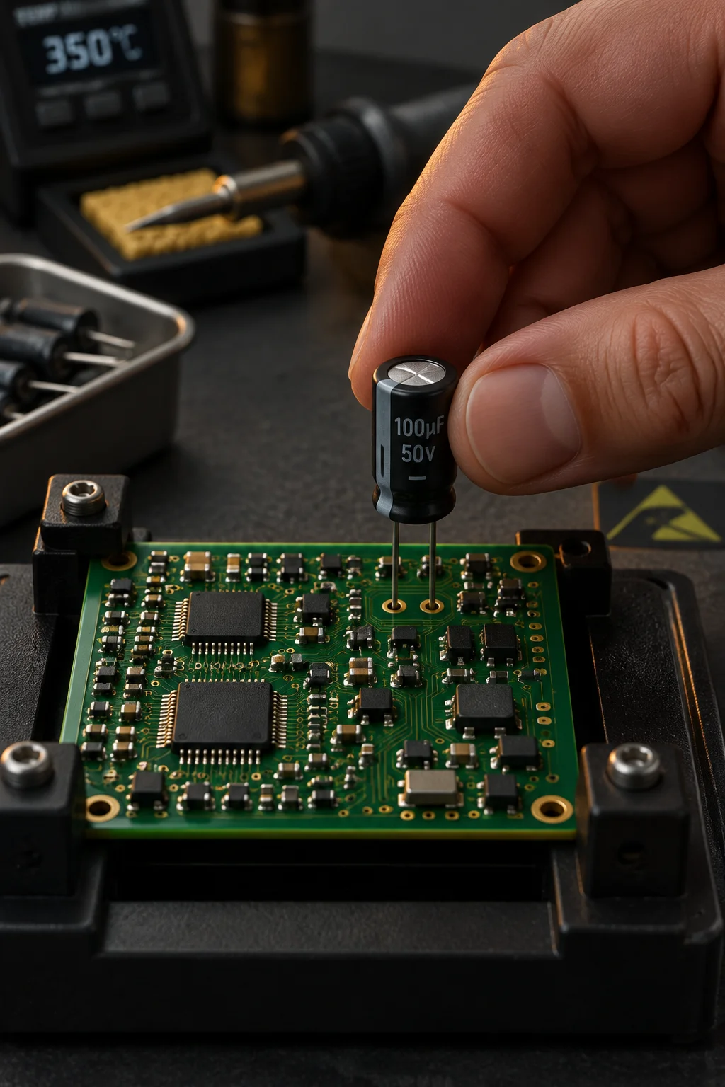 Close view of a mixed-technology board mid-assembly with a connector row framed by dense surface mount sections