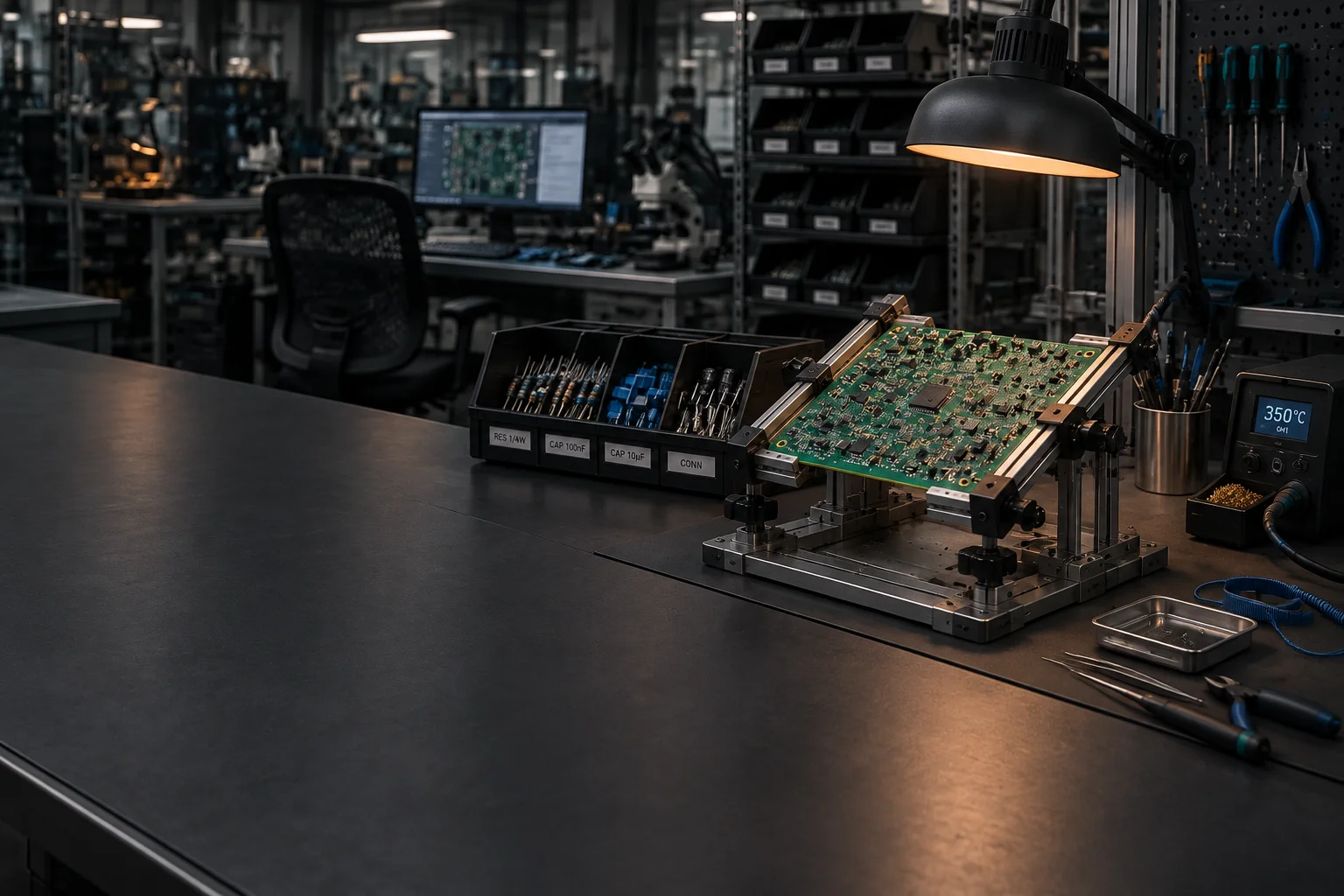 Mixed-technology board carrying dense surface mount sections beside heavy through-hole connectors and power devices