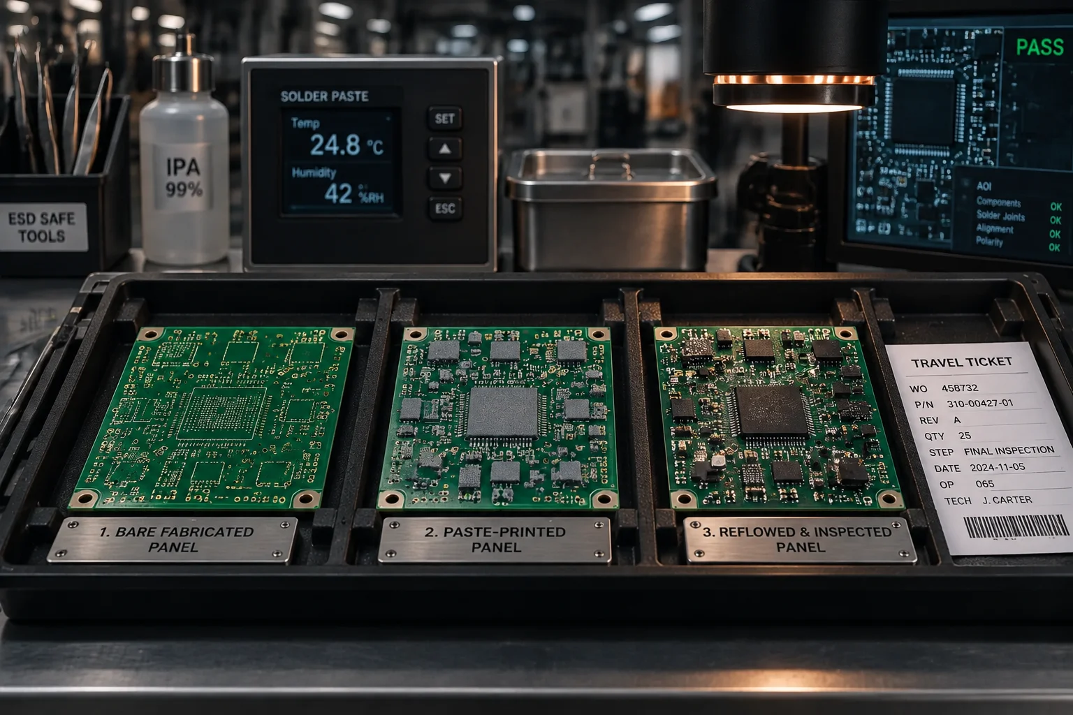 Tray of first-article assemblies beside a loaded production panel magazine on an assembly line