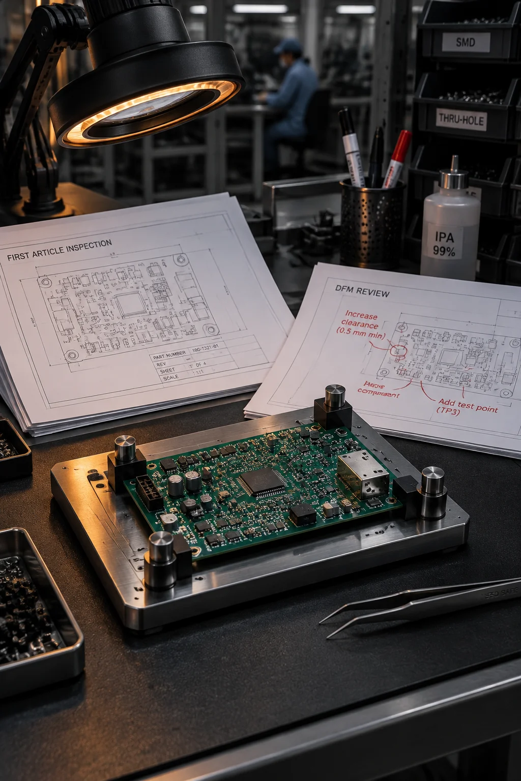 Vertical view of a prototype assembly being probed on a bench during first-article inspection