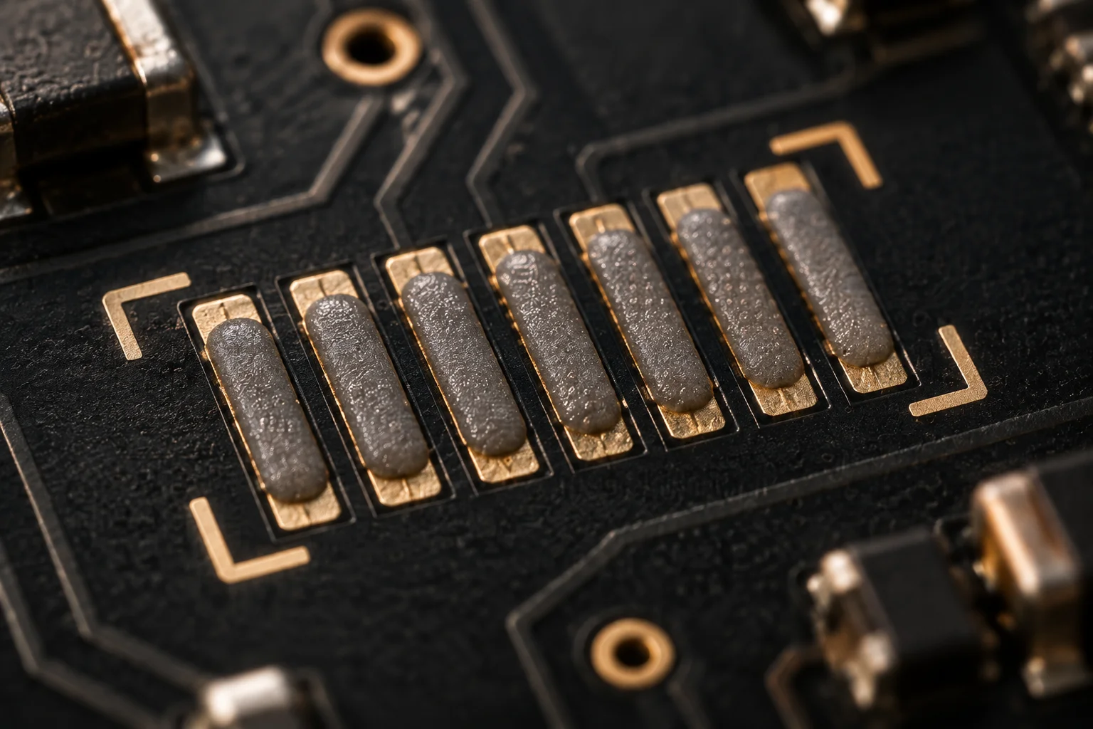Macro view of fine-pitch copper pads carrying rectangular solder paste deposits after stencil printing