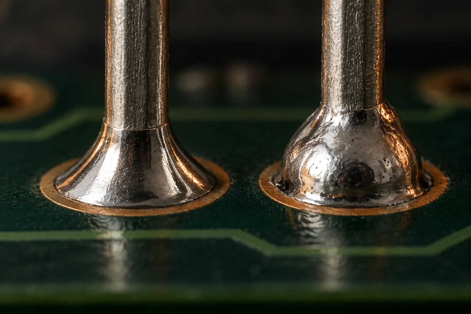 Macro view of finished solder fillets along a row of fine-pitch component leads