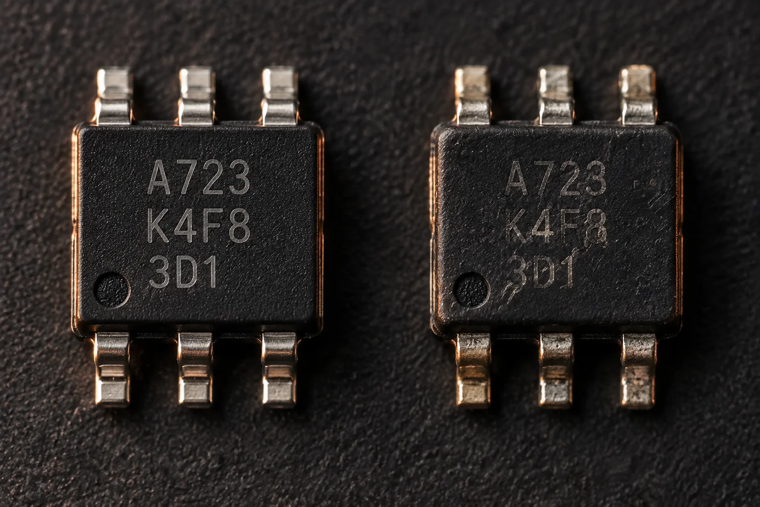 Side-by-side macro view of two identical-looking integrated circuit packages showing different lead finishes and mould markings