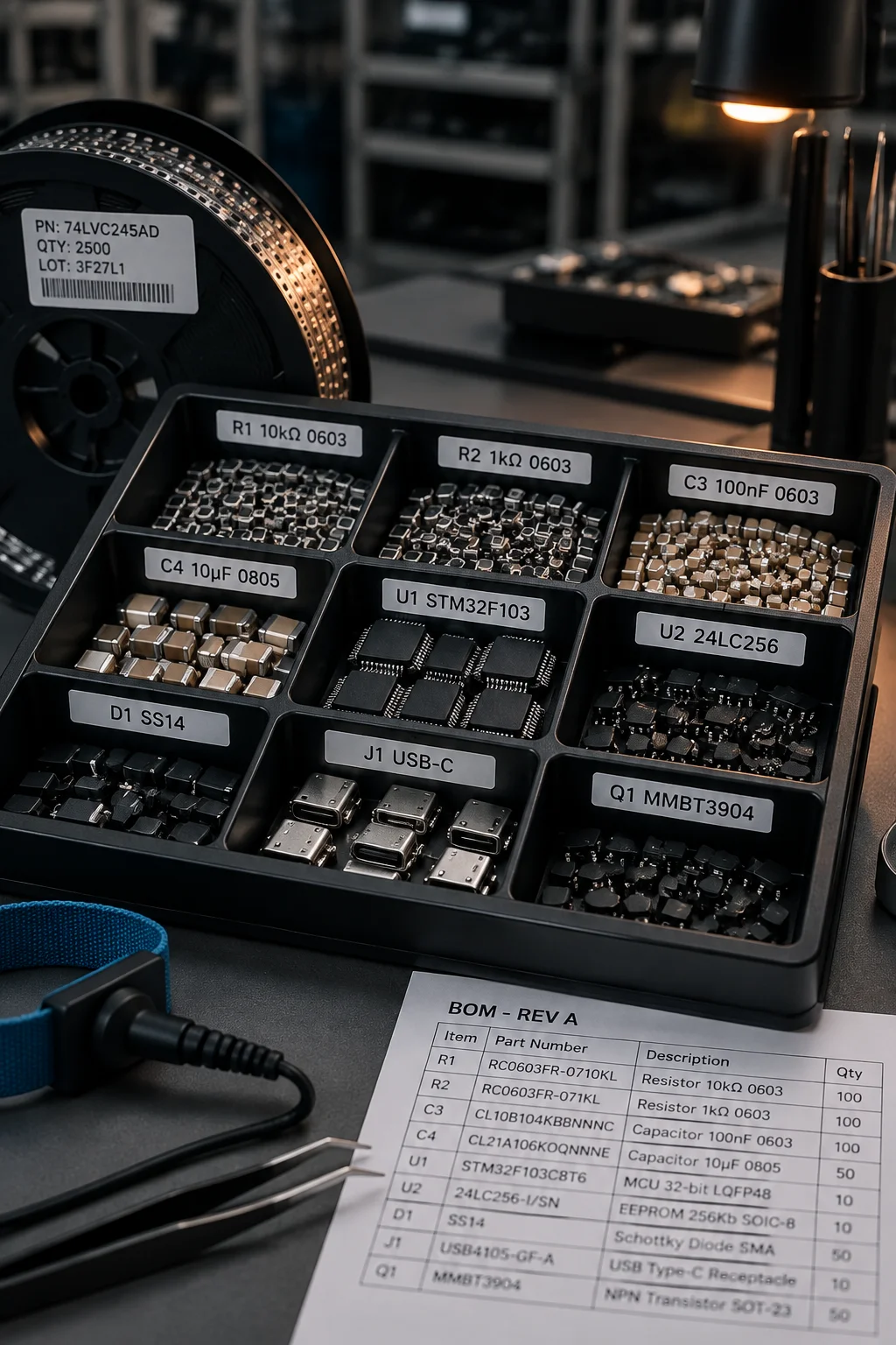 Vertical component carousel and kitting bench with labelled reels staged against a printed kit list