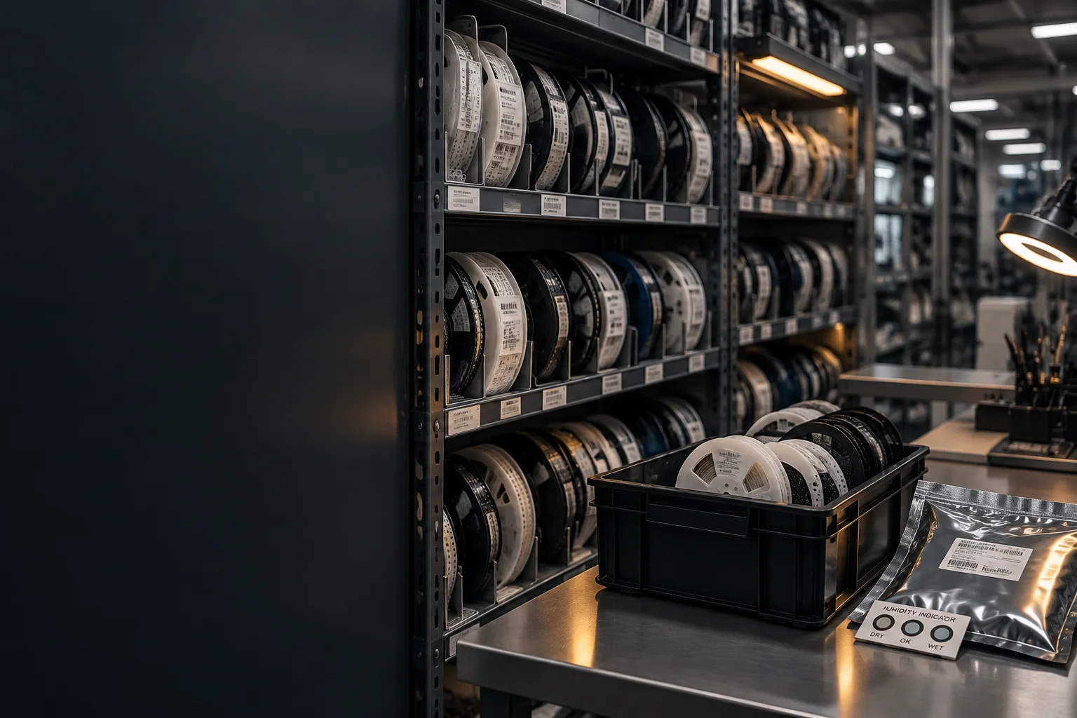 Rows of component reels on a vertical storage carousel beside a kitting bench under low copper-toned light