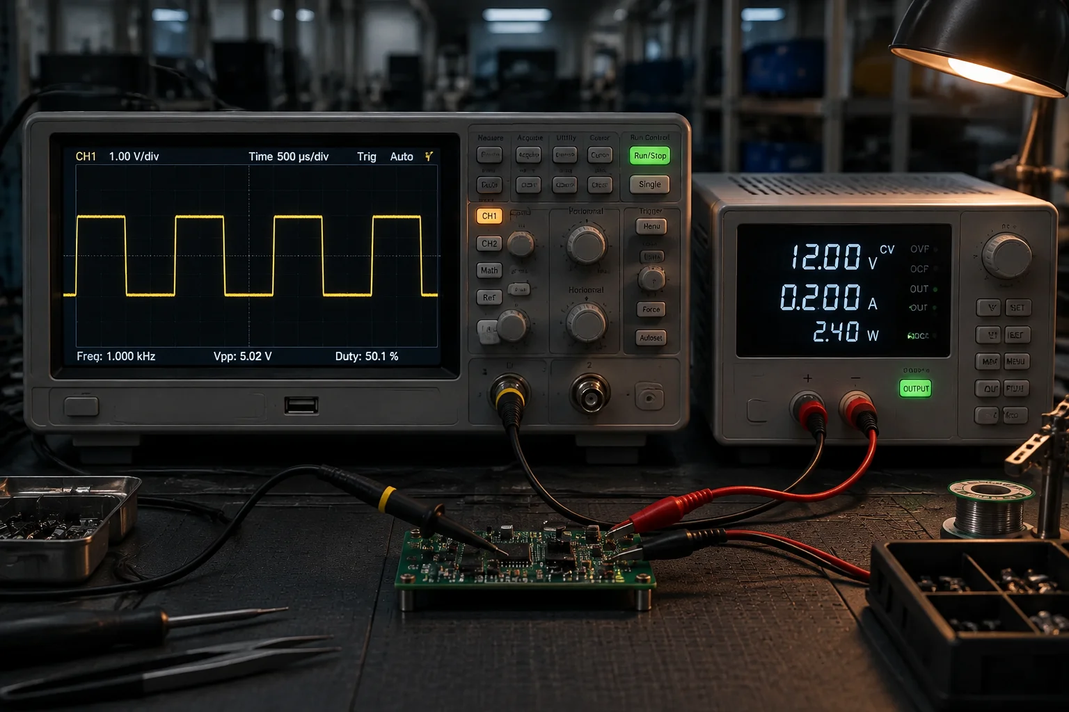 Test cell with a board seated in a fixture, probe plate closed and an instrument rack logging serialised results beside it