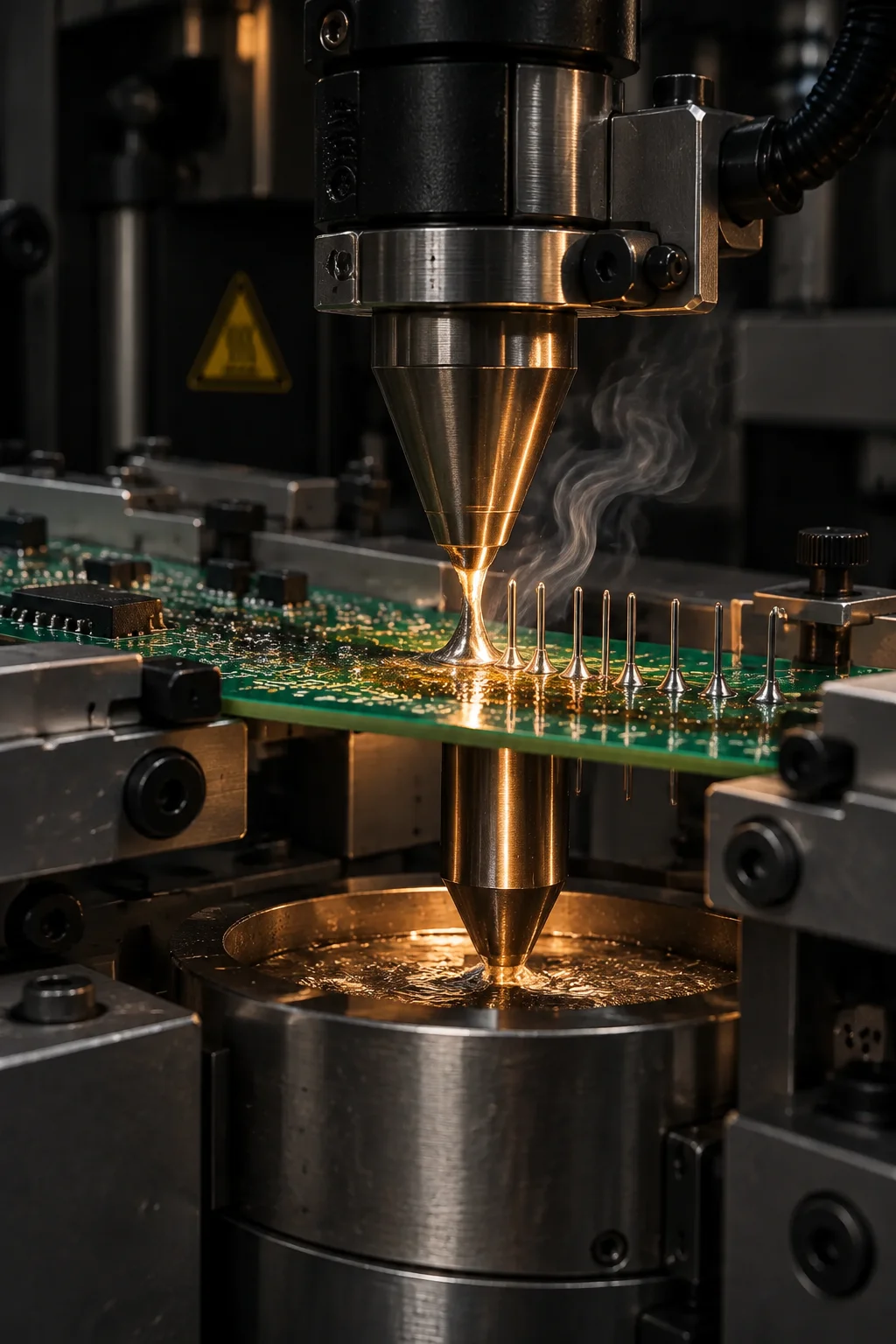 Close view of a selective soldering nozzle applying solder to a connector row beside surface mount components