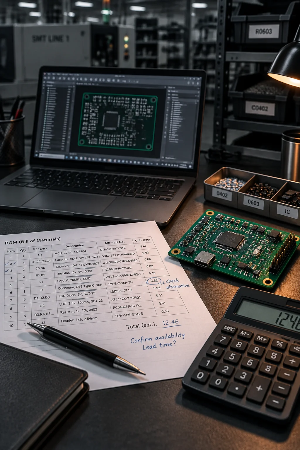 A quotation pack laid out on a desk with a populated board, a printed bill of materials and Gerber plots marked up by hand