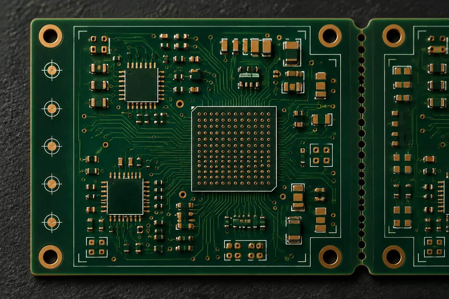 Board layout marked up in a DFM review, with fine-pitch quadrants, a via field, thermal pads and fiducials called out in colour