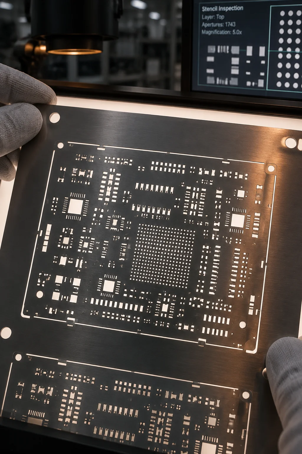 Vertical view of a stainless steel stencil resting against a bare board, with aperture clusters at fine pitch visible under side light