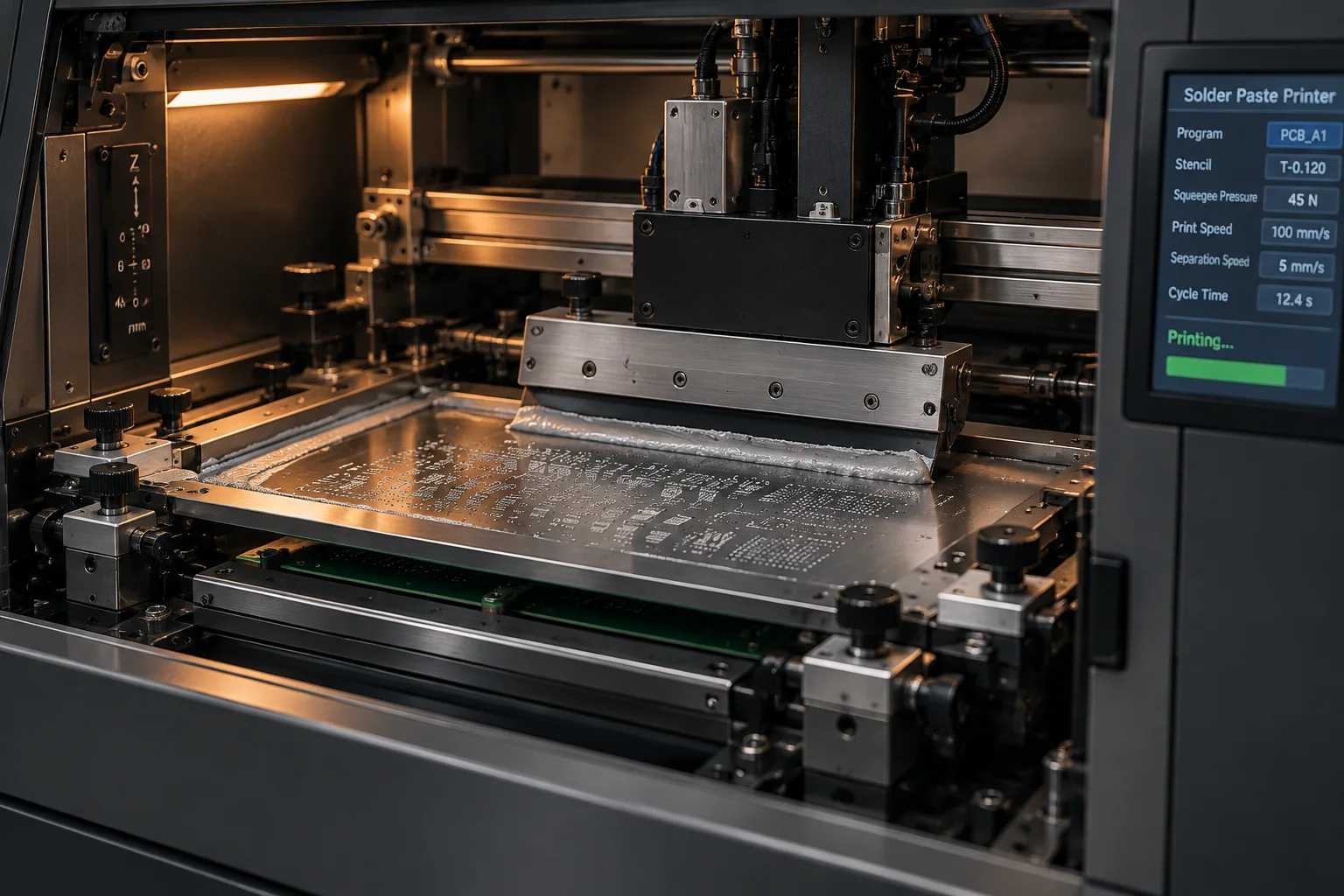 High-speed chip-shooter placement machine with feeder banks loaded and a board entering the placement head
