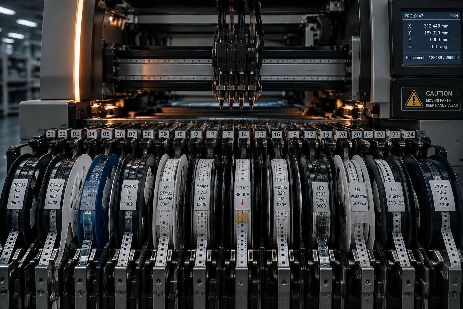 Flexible high-mix assembly line set up for fine-pitch and odd-form placement with a partially populated panel on the conveyor