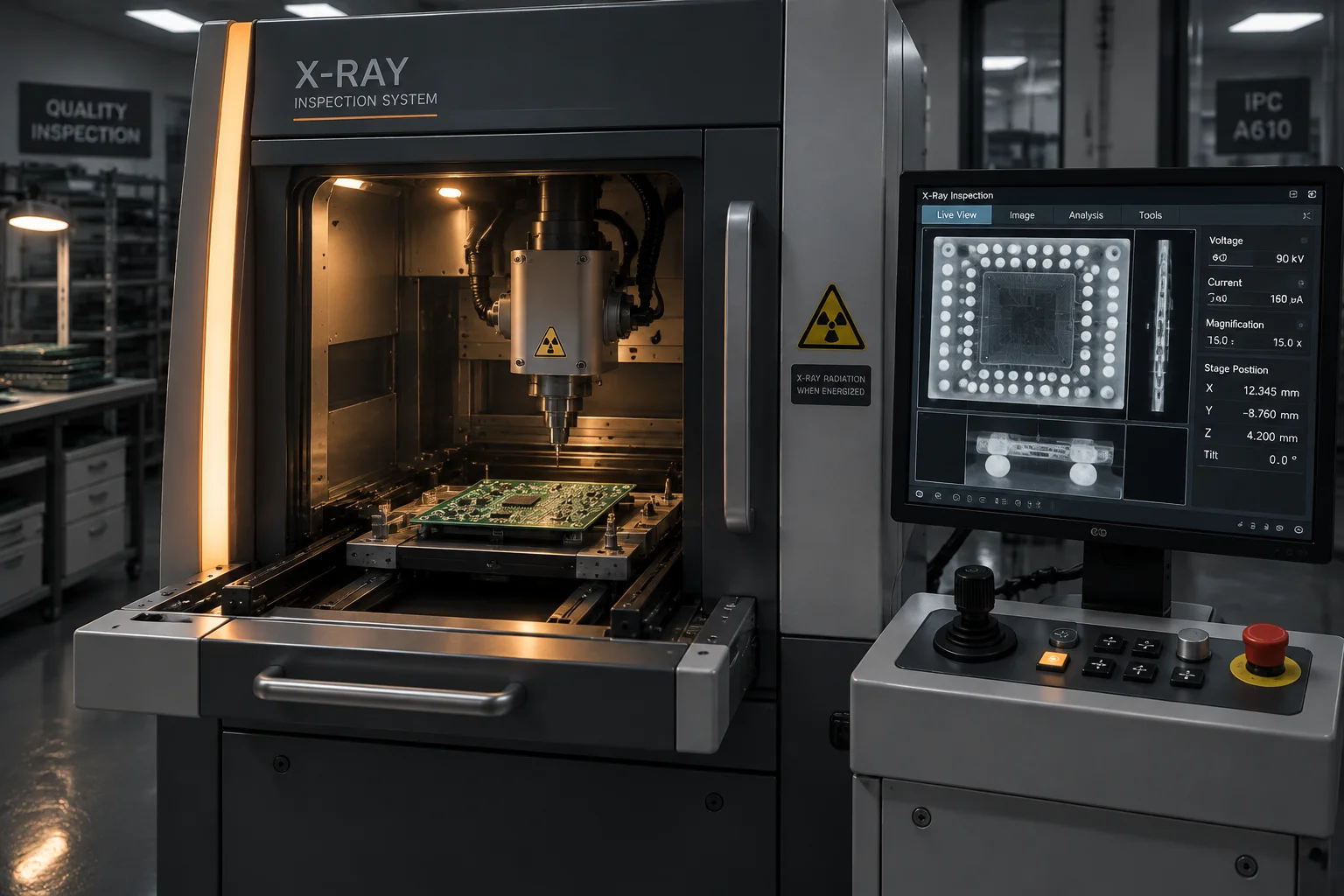 Ten-zone forced-convection reflow oven with panels exiting onto the cooling conveyor under amber light