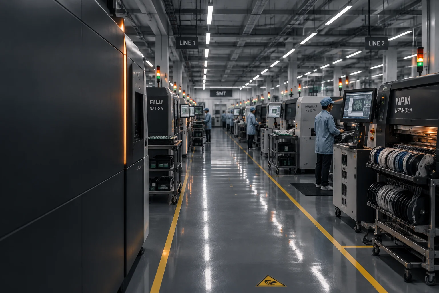 Wide view down an SMT assembly hall in Penang with placement machines, reflow ovens and board conveyors running under production lighting