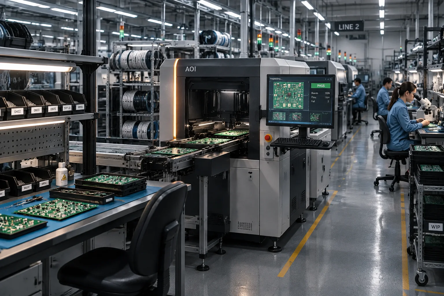 Wide view along an SMT assembly line with placement machines, reflow oven and board conveyor inside an ESD-controlled production area