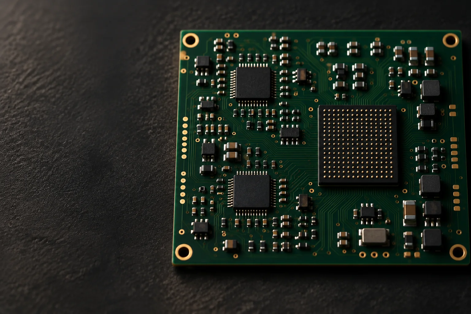 Macro photograph of a populated printed circuit board assembly with fine-pitch components and solder joints under inspection light