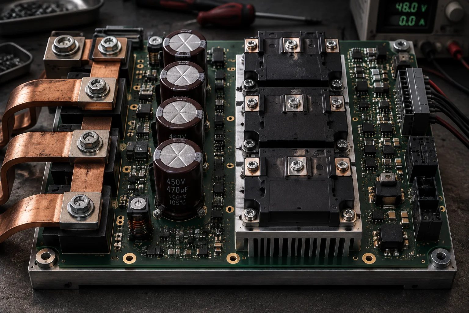 Industrial motor-drive control board with heavy copper bus bars and IGBT modules on a heatsink