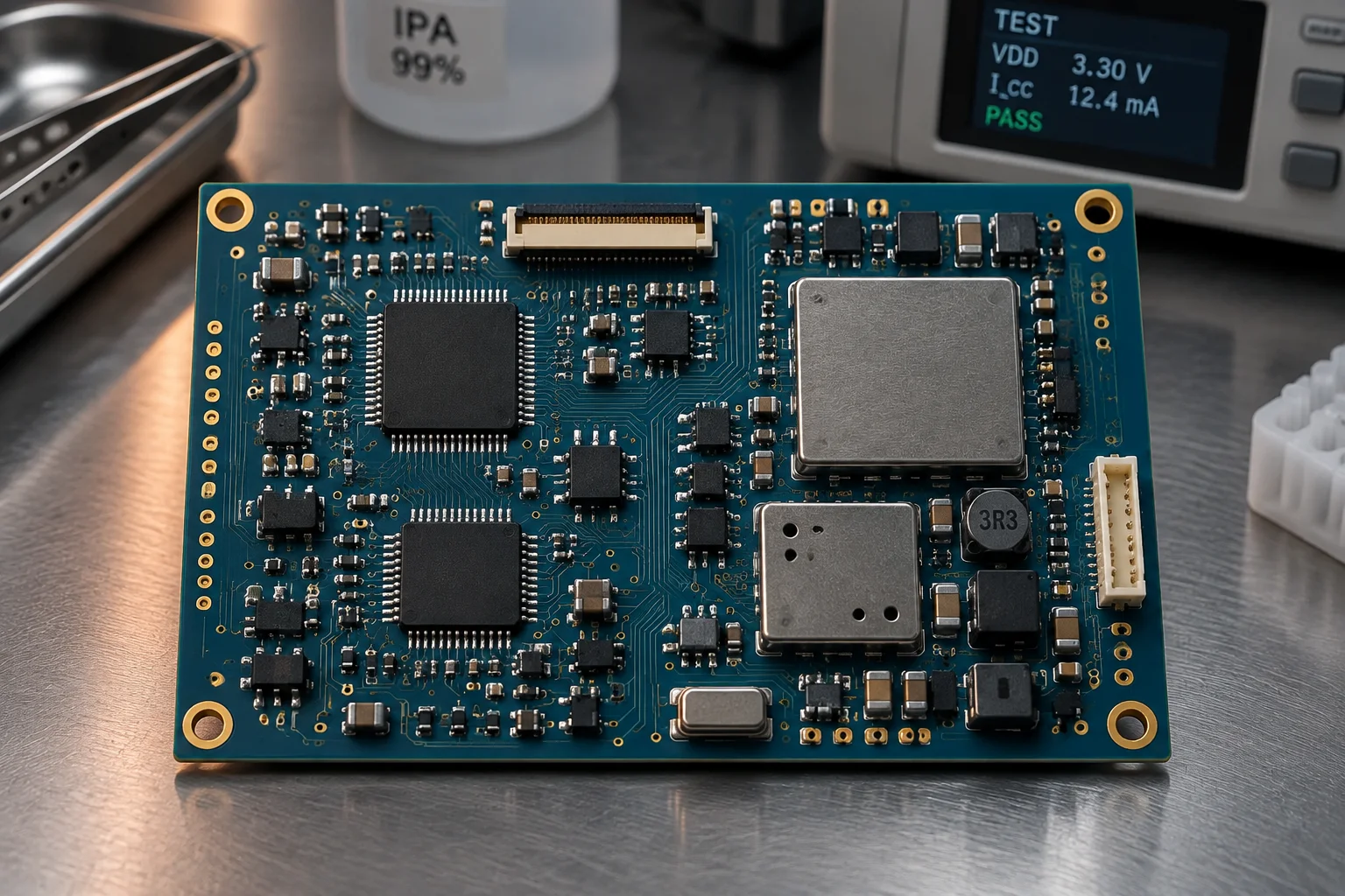 Medical device control board on a stainless steel laboratory bench with isolated analogue sections
