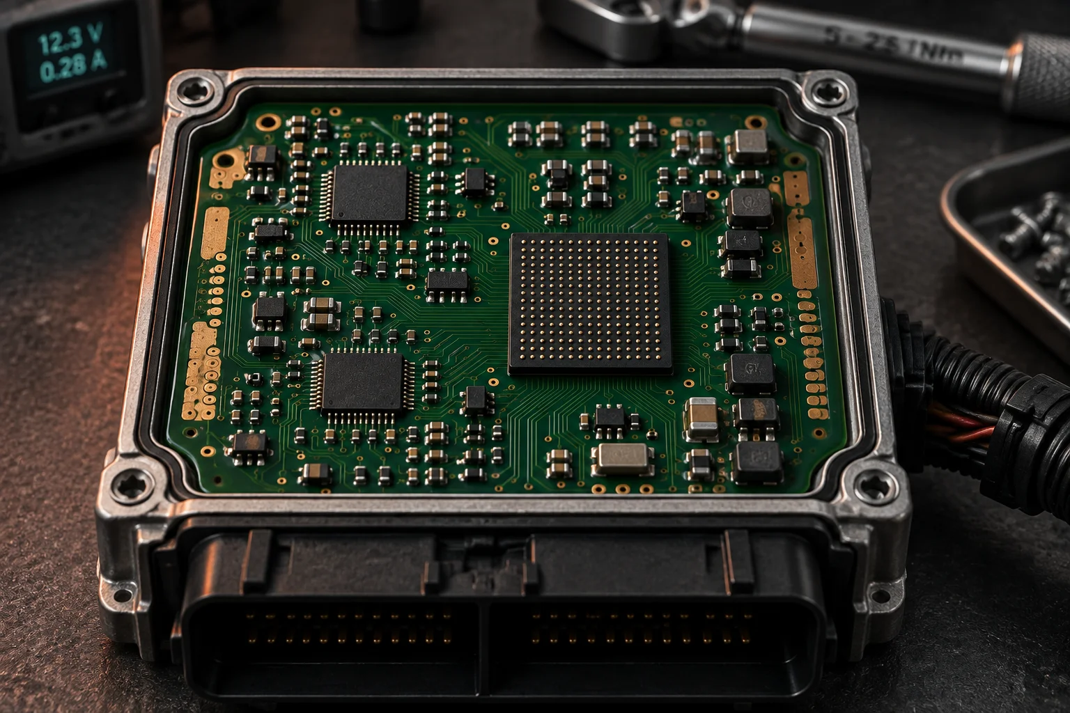 Automotive electronic control unit board inside its opened aluminium housing with a conformal-coated surface