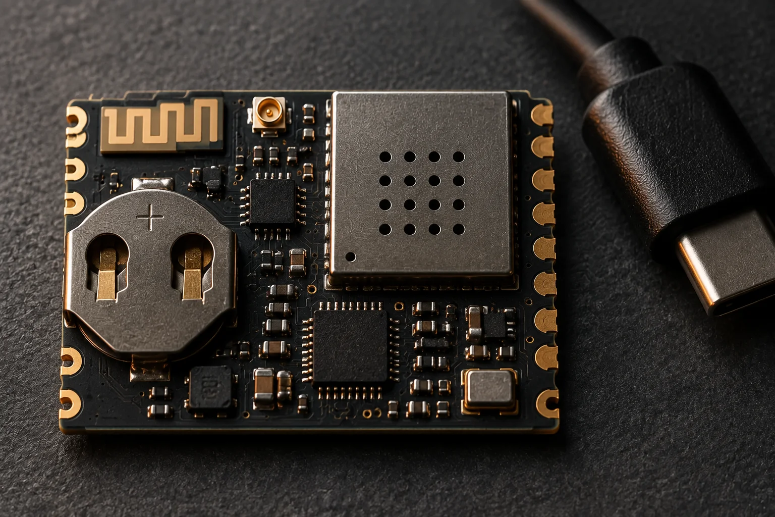 Compact IoT sensor module board with a radio shield can, chip antenna and castellated edge pads