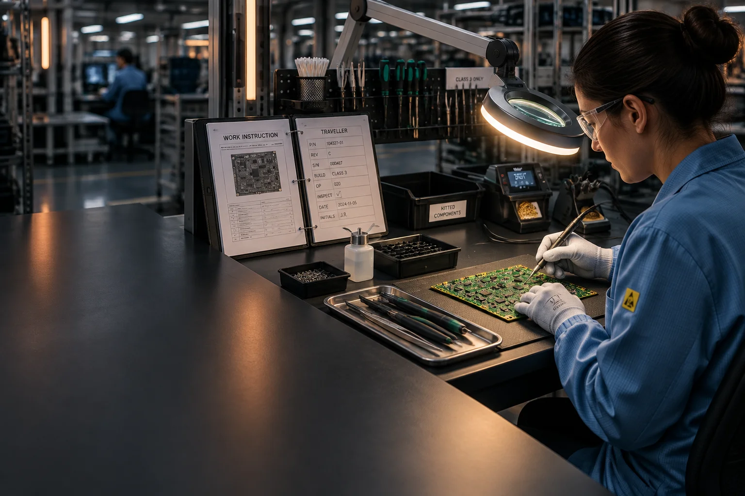High-reliability aerospace assembly with staked connectors, conformal-coated fine-pitch packages, and heavy thermal via arrays
