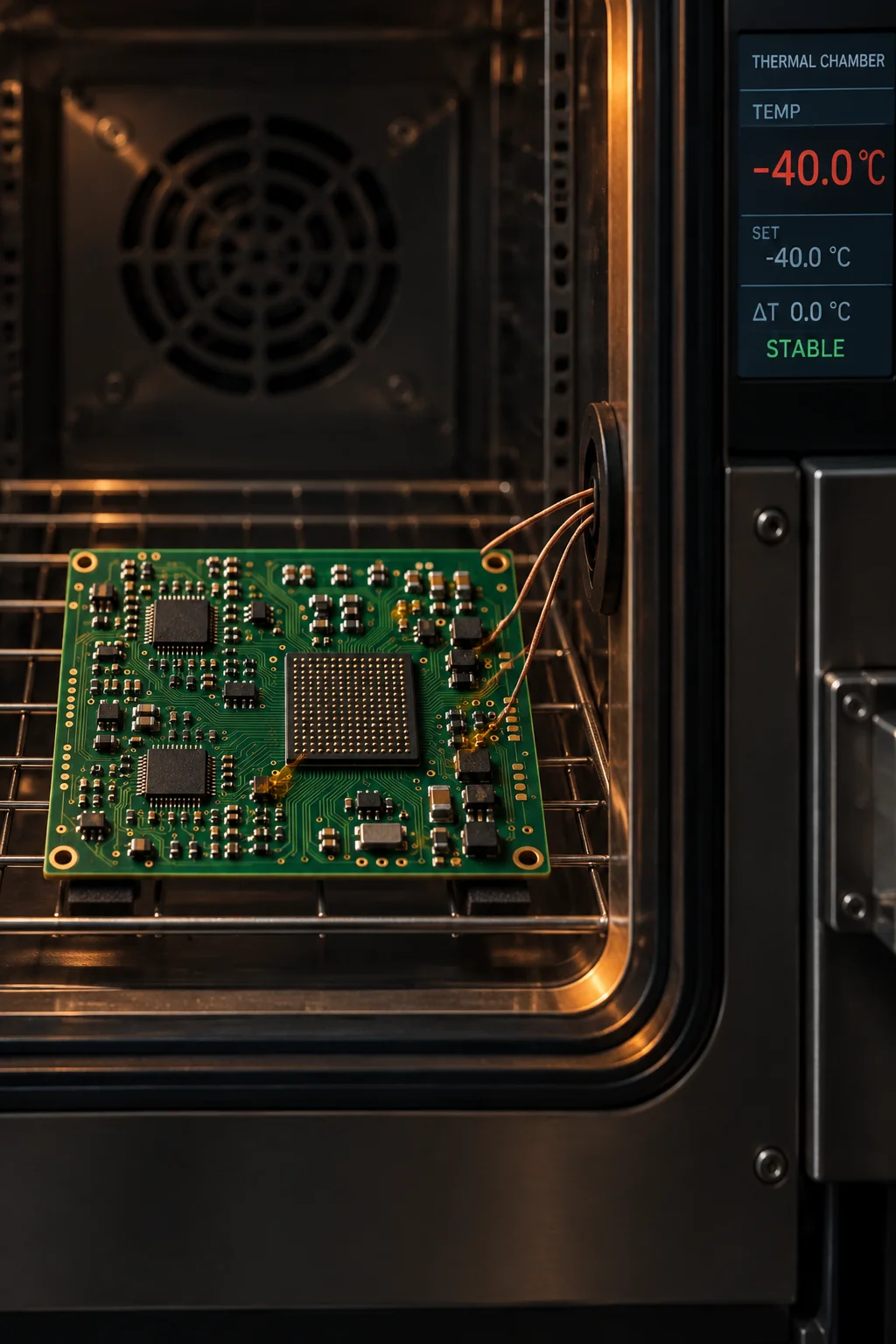 Automotive power module assembly showing heavy copper planes, thermal via arrays, and conformal-coated high-current joints