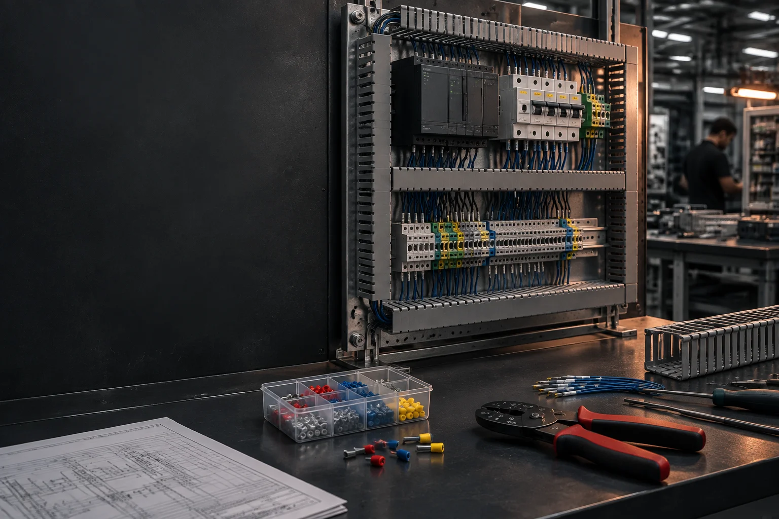 Industrial PLC and drive control board with heavy through-hole power devices beside dense fine-pitch SMT sections